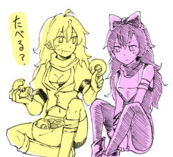 Rule 34 | 2girls, blake belladonna, bow, breasts, cleavage, doughnut, eating, female focus, food, monochrome, multiple girls, multiple monochrome, ribbon, rwby, simple background, translated, white background, yang xiao long