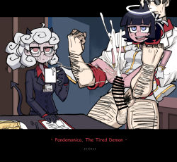 Rule 34 | 1boy, 2girls, 333minutes, azazel (helltaker), bar censor, black gloves, black hair, black horns, black jacket, blue eyes, bottomless, breasts, censored, clenched hands, clipboard, collared shirt, cross, cum, cup, dated, demon girl, demon horns, dialogue box, drooling, ejaculation, expressionless, eyelashes, facial, glasses, gloves, hairy legs, hairy man, halo, held up, helltaker, helltaker (character), highres, holding, holding cup, horns, id card, indoors, jacket, long sleeves, male pubic hair, medium breasts, multiple girls, office lady, open mouth, pandemonica (helltaker), penis, ponytail, pubic hair, red eyes, round eyewear, saliva, shirt, short hair, spread legs, sunglasses, sweat, teeth, testicles, thighs, upper teeth only, veins, veiny penis, white footwear, white gloves, white hair