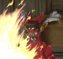 Rule 34 | 1girl, box, breath weapon, breathing fire, capcom, cosplay, crossdressing, crossover, dark-skinned female, dark skin, dhalsim, donation box, empty eyes, fire, hakurei reimu, hakurei reimu (cosplay), japanese clothes, jewelry, male focus, miko, necklace, pun, solo, street fighter, touhou, yatanobible, yatanokagami