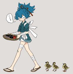 Rule 34 | 10s, 1boy, bandages, basket, bird, blue eyes, blue hair, duck, duckling, grey background, holding, japanese clothes, l hakase, looking back, lowres, male focus, matching hair/eyes, no socks, sandals, sayo samonji, simple background, solo, speech bubble, text focus, touken ranbu, translation request, walking