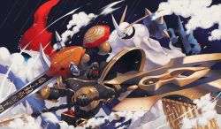 Rule 34 | 2boys, alphamon, alphamon ouryuken, arm cannon, cape, digimon, digimon (creature), epic, fighting, highres, holding, holding sword, holding weapon, kira (kira dra), looking at another, multiple boys, omegamon, royal knights, simple background, sword, weapon, wings