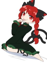 Rule 34 | 1girl, :3, :p, animal ear fluff, animal ears, barefoot, between legs, black bow, black ribbon, blunt bangs, bow, braid, cat ears, cat tail, commentary request, dress, extra ears, full body, green dress, hair bow, hair ribbon, hand between legs, hand up, highres, kaenbyou rin, leg ribbon, licking, licking hand, light blush, long hair, long sleeves, multiple tails, nekomata, paw pose, red eyes, red hair, ribbon, rizleting, simple background, slit pupils, solo, tail, tongue, tongue out, touhou, tress ribbon, twin braids, two tails, very long hair, white background