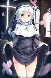 Rule 34 | 1girl, :3, absurdres, black robe, blurry, blurry background, blush, breasts, capelet, commentary request, cowboy shot, duel monster, flower, ghost sister &amp; spooky dogwood, habit, highres, indoors, jewelry, kanzakietc, light rays, long hair, long sleeves, looking at viewer, medium breasts, necklace, nose blush, nun, robe, robe lift, sidelocks, smile, solo, sunbeam, sunlight, white capelet, white hair, window, yellow eyes, yu-gi-oh!