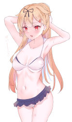 Rule 34 | 1girl, absurdres, alternate costume, arms up, bikini, bikini skirt, black ribbon, blonde hair, blue bikini, breasts, calin, fang, gradient hair, hair flaps, hair ornament, hair ribbon, hairclip, hands on own head, highres, kantai collection, long hair, medium breasts, multicolored hair, parted lips, ponytail, red eyes, red hair, ribbon, sailor bikini, sailor collar, simple background, skin fang, solo, sweat, swimsuit, translation request, white background, white bikini, yuudachi (kancolle), yuudachi kai ni (kancolle)
