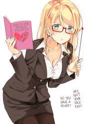 Rule 34 | 10s, 1girl, :o, ayase eli, black pantyhose, black skirt, blonde hair, blue eyes, blush, book, breasts, cleavage, collarbone, collared shirt, commentary request, downblouse, formal, glasses, hair down, hard-translated, holding, holding book, leaning forward, long hair, long sleeves, love live!, love live! school idol festival, love live! school idol project, mars symbol, mogu (au1127), office lady, open book, open mouth, pantyhose, pencil skirt, pinstripe pattern, pointer, semi-rimless eyewear, shirt, simple background, skirt, skirt suit, solo, standing, striped, suit, teacher, third-party edit, translated, under-rim eyewear, venus symbol, white background