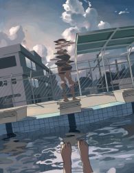 Rule 34 | barefoot, blurry, building, chain-link fence, cloud, distortion, feet, fence, highres, original, outdoors, partially submerged, pool, standing, tensen (dotted line), toes, water, what