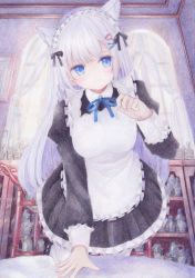 Rule 34 | 1girl, animal ears, apron, blue eyes, blush, breasts, closed mouth, colored pencil (medium), darkkanan, dress, eyes visible through hair, frilled apron, frilled dress, frills, highres, indoors, large breasts, long hair, long sleeves, looking at viewer, maid, maid apron, maid headdress, mary janes, original, painting (medium), shoes, solo, traditional media, watercolor (medium), white hair, white legwear