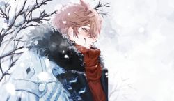 Rule 34 | 1boy, blood, blood on face, blue eyes, blush, branch, brown hair, coat, commentary request, day, fur-trimmed coat, fur trim, genshin impact, hair between eyes, highres, knkt or13, male focus, mask, mask on head, outdoors, parted lips, profile, red mask, red scarf, scarf, snow, snowing, solo, tartaglia (genshin impact), upper body, white coat