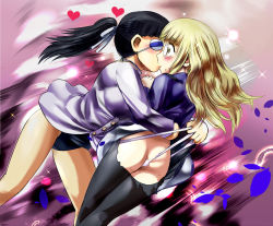 Rule 34 | 2girls, ass, black hair, black legwear, blonde hair, blue one-piece swimsuit, blush, breasts, butt crack, eyepatch, glasses, heart, hosoinogarou, kiss, medium breasts, military, military uniform, multiple girls, one-piece swimsuit, panties, pantyhose, perrine h. clostermann, ponytail, sakamoto mio, strike witches, surprised, sweat, swimsuit, torn clothes, torn legwear, torn panties, underwear, uniform, wedgie, white panties, world witches series, yellow eyes, yuri