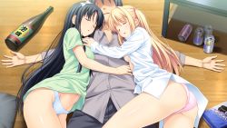 Rule 34 | 1boy, 2girls, alcohol, ass, beer can, black hair, blonde hair, blush, bottle, bow, breasts, can, closed eyes, cuddling, dress shirt, drink can, drinking, drunk, faceless, faceless male, fukami nagisa, game cg, girl sandwich, green shirt, hair bow, hairband, highres, kagurazaka namine, koutaro, lying, medium breasts, multiple girls, no bra, no pants, on side, open mouth, panties, pink panties, sake bottle, sandwiched, shaded face, shirt, t-shirt, tropical vacation, twinkle soft, two side up, underwear, white panties, white shirt