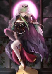 Rule 34 | 1girl, absurdres, anklet, armlet, black cape, black dress, black nails, black thighhighs, breasts, brooch, budgiepon, c.c., cape, cleavage, code geass, cosplay, detached sleeves, dress, full moon, gold footwear, green hair, hair between eyes, high heels, highres, hololive, hololive english, jewelry, long dress, long hair, medium breasts, moon, mori calliope, mori calliope (cosplay), nail polish, pumps, side slit, sidelocks, single detached sleeve, single thighhigh, sleeveless, sleeveless dress, smirk, solo, thighhighs, tiara, torn cape, torn clothes, veil, very long hair, virtual youtuber