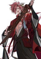 Rule 34 | 1boy, black hair, black hakama, blood, blood on face, dragon print, earrings, eyebrow cut, eyes visible through hair, fate/grand order, fate (series), hair over one eye, hakama, highres, holding, holding weapon, instrument on back, jacket, japanese clothes, jewelry, long hair, long sleeves, looking at viewer, low ponytail, male focus, muki (muki kunxd), multicolored hair, nagatekkou, pectoral cleavage, pectorals, red eyes, red hair, red jacket, simple background, smile, solo, streaked hair, sword, takasugi shinsaku (fate), toned, toned male, underpec, weapon, white background, white hair, wide sleeves