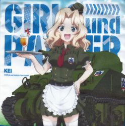 Rule 34 | 10s, 1girl, :d, apron, belt, blonde hair, blue eyes, character name, copyright name, cup, emblem, garrison cap, girls und panzer, hair intakes, hand on own hip, hat, highres, holding, holding tray, kay (girls und panzer), long hair, m4 sherman, maid, maid apron, maid headdress, military, military vehicle, motor vehicle, non-web source, open mouth, puffy short sleeves, puffy sleeves, scan, short sleeves, smile, solo, tank, tray, waist apron, waitress