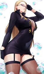 Rule 34 | 1girl, absurdres, adjusting eyewear, black dress, black garter straps, black gloves, blonde hair, blue eyes, breasts, bubble, cleavage, contrapposto, covered navel, dress, earrings, fishnet thighhighs, fishnets, garter straps, glasses, gloves, hair behind ear, highres, jewelry, kalifa (one piece), large breasts, long hair, long sleeves, looking at viewer, one piece, revision, short dress, solo, thighhighs, thighs, white background, yoshio (55level)