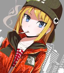 Rule 34 | 1girl, :/, badge, beanie, blonde hair, blue eyes, blush, building, button badge, buttons, cigarette, closed mouth, collarbone, dutch angle, earrings, eyebrows, eyelashes, floral print, green hat, hat, highres, jacket, jewelry, long hair, looking at viewer, open clothes, open jacket, original, plug (piercing), red jacket, shirt, smoke, smoking, solo, straight hair, supreme (brand), tanashi (mk2), the north face, tsurime, unbuttoned, undefeated, upper body, white shirt