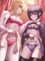 Rule 34 | 2girls, absurdres, black hair, black thighhighs, blonde hair, bra, breasts, cleavage, clenched teeth, clothes around waist, clothes lift, collared shirt, frown, grey skirt, hair intakes, highres, idolmaster, idolmaster cinderella girls, jacket, jacket around waist, kurosaki chitose, large breasts, lifting own clothes, long hair, looking at viewer, medium breasts, medium hair, momi yuro, multiple girls, navel, open mouth, panties, pink bra, pink panties, purple bra, purple panties, shirayuki chiyo, shirt, skirt, skirt lift, small breasts, smile, standing, teeth, thighhighs, underwear