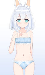 1girl animal_ears aqua_eyes blue_background blue_bow blue_bra blue_panties blush bow bow_panties bra breasts collarbone floral_print gradient_background grey_hair hand_on_own_chest loli looking_at_viewer maid maid_headdress navel original panties print_bra print_panties rabbit_ears shooko short_hair small_breasts smile standing underwear