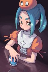 Rule 34 | 1girl, absurdres, arms on table, blue hair, closed mouth, commentary, dark background, dress, english commentary, glass, googly eyes, green eyes, hat, highres, monogatari (series), ononoki yotsugi, orange dress, orange hat, parted bangs, piku184, pointy ears, puffy short sleeves, puffy sleeves, reflective table, short eyebrows, short hair, short sleeves, solo, thick eyebrows