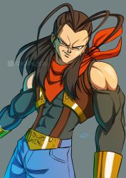 Rule 34 | 1boy, abs, absurdres, android, angry, bare shoulders, black hair, blue eyes, cleavage cutout, clothing cutout, denim, dragon ball, dragon ball gt, evil grin, evil smile, fusion, gloves, grin, highres, jeans, long hair, looking at viewer, male focus, muscular, muscular arms, muscular back, muscular legs, muscular male, ornament, pants, pectorals, serious, smile, smirk, smug, super 17, super android 17, suspenders