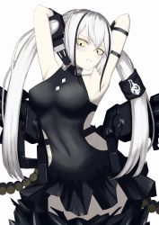 Rule 34 | 1girl, absurdres, ammunition belt, arched back, armband, armpits, arms behind head, black dress, breasts, cowboy shot, destroyer (girls&#039; frontline), dress, emblem, girls&#039; frontline, hair tubes, headset, highres, long hair, looking at viewer, mechanical arms, navel, rigging, sangvis ferri, simple background, sleeveless, sleeveless dress, small breasts, solo, thighhighs, thomas 8000, tsurime, twintails, very long hair, white background, white hair, yellow eyes