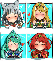 Rule 34 | 4girls, absurdres, animal ears, blonde hair, blunt bangs, blush, breasts, cat ears, chest jewel, facial mark, green hair, highres, large breasts, long hair, multiple girls, mythra (xenoblade), nia (xenoblade), nightwitch9612, pneuma (xenoblade), ponytail, pyra (xenoblade), red hair, short hair, silver hair, spoilers, swept bangs, very long hair, xenoblade chronicles (series), xenoblade chronicles 2