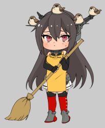 Rule 34 | 1girl, :&lt;, animal, animal on head, apron, bird, bird on head, black gloves, black hair, blush, broom, chibi, clothes writing, elbow gloves, fingerless gloves, gloves, grey background, hair between eyes, headgear, highres, holding, holding broom, kantai collection, long hair, machi (ritovoyage), nagato (kancolle), on head, pleated skirt, red thighhighs, rudder footwear, simple background, skirt, standing, sweat, thighhighs, white skirt, yellow apron