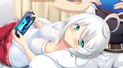 Rule 34 | 1boy, 1girl, ahoge, aqua eyes, belt, blush, frown, handheld game console, head out of frame, hetero, image sample, indoors, lap pillow, long hair, looking at viewer, lying, neet, on side, pants, pillow, playing games, protagonist (x-overd), shirt, solo focus, sweatpants, t-shirt, tinyl, underwear, white hair, white pants, white shirt, x-overd, yukeshi