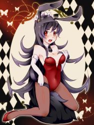 Rule 34 | 1girl, animal ears, argyle, arin pv, arinko (arin pv), bare shoulders, black hair, black pantyhose, blush, breasts, bug, butterfly, cleavage, detached collar, elbow gloves, extra mouth, fake animal ears, filia (skullgirls), futakuchi-onna, gloves, high heels, highres, insect, kneeling, leotard, long hair, looking at viewer, necktie, open mouth, pantyhose, playboy bunny, prehensile hair, rabbit ears, red eyes, samson (skullgirls), sitting, skullgirls, smile, solo, teeth, very long hair, yellow eyes