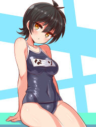Rule 34 | 1girl, black hair, blue one-piece swimsuit, breasts, character name, closed mouth, commentary, cougar (cougar1404), covered navel, head tilt, light frown, looking at viewer, medium breasts, name tag, nari (cougar1404), old school swimsuit, one-piece swimsuit, original, school swimsuit, short hair, sitting, solo, swimsuit, translated, yellow eyes