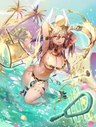 Rule 34 | 1girl, armlet, armpits, arms behind head, arms up, bare shoulders, bikini, breasts, brown hair, cleavage, collar, day, egyptian, gold, hair between eyes, hair ornament, headdress, highres, horns, jewelry, large breasts, long hair, looking at viewer, mole, mole on breast, natsuiro xx, navel, oasis, official art, open mouth, outdoors, pelvic curtain, shoulder tattoo, smile, solo, spaghetti strap, stomach, stomach tattoo, swimsuit, tattoo, thighlet, thighs, wading, water, wet, white bikini, yellow eyes, z/x