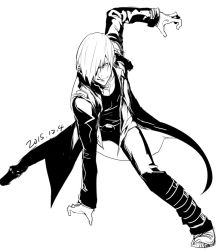 Rule 34 | 1boy, dated, evil grin, evil smile, fighting stance, fur collar, greyscale, grin, hair over one eye, high contrast, long coat, male focus, monochrome, smile, solo, the king of fighters, the king of fighters xiv, yagami iori, yiran kong xian