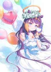 Rule 34 | 1girl, aeon ion, alternate costume, balloon, blue choker, blue eyes, blue sash, blush, choker, dress, frilled dress, frills, halo, heart balloon, highres, hololive, hololive english, long hair, looking at viewer, ninomae ina&#039;nis, pointy ears, purple hair, sash, smile, solo, tentacle hair, virtual youtuber, white background, white dress, yellow halo