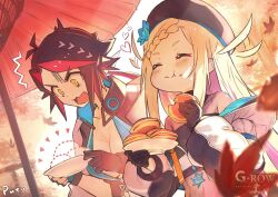 2girls ^^^ ^_^ artist_name autumn_leaves black_gloves black_hair blonde_hair braid closed_eyes closed_mouth commentary_request dorayaki eating food gloves hat holding holding_food hyoha_(phantom_of_the_kill) multicolored_hair multiple_girls murgleys_(phantom_of_the_kill) official_art oil-paper_umbrella open_mouth outdoors phantom_of_the_kill plate puto_(g-row) red_hair second-party_source streaked_hair umbrella upper_body wagashi yellow_eyes