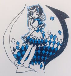 Rule 34 | 1girl, akanbe, arrow (symbol), arrow print, blue theme, commentary request, cone horns, dress, dress ribbon, eyelid pull, horns, kaigen 1025, kijin seija, monochrome, multicolored hair, no nose, one eye closed, puffy short sleeves, puffy sleeves, ribbon, sandals, short dress, short hair, short sleeves, simple background, single wrist cuff, tongue, tongue out, touhou, traditional media, white background, wrist cuffs