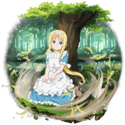 Rule 34 | 1girl, against tree, aged down, alice zuberg, apron, blonde hair, blue eyes, blue shirt, blue skirt, boots, brown footwear, day, floating hair, frilled skirt, frills, full body, hairband, highres, lake, long hair, long skirt, looking at viewer, official art, outdoors, shirt, short sleeves, skirt, solo, sword art online, transparent background, tree, very long hair, white apron, white hairband