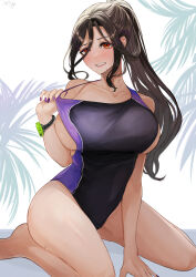Rule 34 | 1girl, absurdres, bare legs, barefoot, black hair, breasts, competition swimsuit, highres, kneeling, large breasts, looking at viewer, mole, mole on neck, nail polish, nekotokage, nijisanji, one-piece swimsuit, palm tree, ponytail, red eyes, shirayuki tomoe, sideboob, sweat, swimsuit, thighs, tree, virtual youtuber, wristband