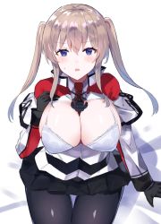 Rule 34 | 1girl, anchor, between breasts, black gloves, black pantyhose, blonde hair, bra, breasts, capelet, celtic knot, cleavage, commentary request, cowboy shot, gloves, graf zeppelin (kancolle), grey eyes, hair between eyes, highres, kantai collection, large breasts, looking at viewer, miniskirt, necktie, nonon (xenonbot), open clothes, pantyhose, sidelocks, sitting, skirt, solo, thigh gap, tsurime, twintails, underwear, white bra