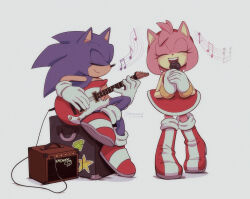 Rule 34 | 1boy, 1girl, 2023, amy rose, animal ears, animal nose, artist name, bare shoulders, bass guitar, blue fur, boots, bracelet, closed eyes, closed mouth, commentary, crossed legs, dress, english commentary, eyelashes, furry, furry female, furry male, gem (symbol), gloves, gold bracelet, gold trim, guitar, hairband, hands up, hedgehog, hedgehog ears, hedgehog girl, highres, holding, holding instrument, holding microphone, instrument, jewelry, microphone, music, musical note, open mouth, pink fur, playing instrument, red dress, red footwear, red hairband, shadow, shoes, simple background, singing, sitting, sleeveless, sleeveless dress, smile, sneakers, socks, sonic (series), sonic the hedgehog, spacecolonie, star (symbol), star sticker, teeth, tongue, two-tone footwear, white background, white footwear, white gloves, white socks