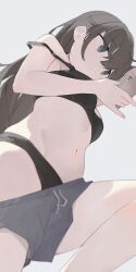 Rule 34 | 1girl, bare shoulders, black bra, black hair, black panties, blue eyes, bra, breasts, cellphone, clothes pull, commentary, copyright request, english commentary, grey background, grey shorts, highres, hiroki (yyqw7151), holding, holding phone, long hair, looking at phone, medium breasts, navel, off shoulder, panties, phone, shorts, shorts pull, simple background, solo, thighs, underwear