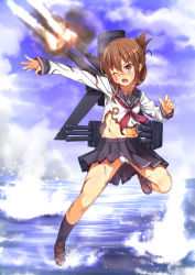 Rule 34 | 10s, 1girl, blood, brown eyes, brown hair, cloud, day, folded ponytail, highres, inazuma (kancolle), injury, kantai collection, loafers, machinery, midriff, navel, ocean, one eye closed, open mouth, outstretched hand, panties, pantyshot, personification, racer (magnet), shirt, shoes, skirt, sky, socks, solo, standing, tears, torn clothes, torn shirt, torn skirt, turret, underwear, water, white panties, wink
