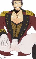 Rule 34 | 1boy, artist name, bara, blue eyes, brown hair, bulge, cleavage cutout, clothing cutout, facial hair, fate/grand order, fate (series), goatee, highres, long sideburns, long sleeves, looking at viewer, male focus, manly, muscular, napoleon bonaparte (fate), official alternate costume, pants, pectoral cleavage, pectorals, scar, sideburns, smile, smirk, solo, thick thighs, thighs, welcome to the travelling circus!, xxx13