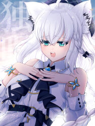 Rule 34 | 1girl, ahoge, animal ear fluff, animal ears, bare shoulders, blue journey (hololive), braid, breasts, commentary request, earrings, fox ears, fox girl, green eyes, hair between eyes, highres, hololive, jewelry, long hair, low twin braids, open mouth, shirakami fubuki, shirt, sidelocks, single braid, small breasts, solo, tenma ako, twin braids, virtual youtuber, white hair, white shirt, wrist cuffs