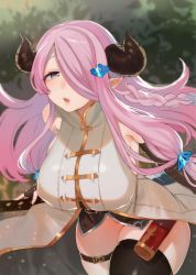 Rule 34 | 10s, 1girl, bad id, bad twitter id, bare shoulders, black thighhighs, blue eyes, breasts, draph, elbow gloves, fingerless gloves, gloves, granblue fantasy, hair ornament, hair over one eye, hairclip, highres, horns, huge breasts, long hair, looking at viewer, narmaya (granblue fantasy), parted lips, pink hair, pointy ears, sideboob, skindentation, solo, thick thighs, thighhighs, thighs, wide hips, yzh chan