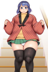 Rule 34 | 1girl, black thighhighs, blue eyes, blue hair, blush, breasts, closed mouth, commentary request, fat, fat step-sister (orizen), feet out of frame, green skirt, highres, large breasts, long sleeves, looking at viewer, medium hair, original, orizen, panties, pleated skirt, plump, skirt, smile, solo, stairs, standing, straight-on, tareme, thick thighs, thighhighs, thighs, underwear, white panties, wide hips, zettai ryouiki