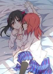 Rule 34 | 10s, 2girls, black hair, blush, bow, coat, hair bow, hug, looking at another, love live!, love live! school idol project, multiple girls, nishikino maki, open mouth, purple eyes, red eyes, red hair, scarf, shared clothes, shared scarf, smile, twintails, yazawa nico, yuri