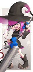 Rule 34 | 1girl, absurdres, black dress, black footwear, black hat, blunt bangs, boots, border, breasts, commentary request, dress, e-liter 4k (splatoon), fangs, full body, gonzarez, grey background, gun, halloween costume, hand up, hat, highres, holding, holding gun, holding weapon, inkling, inkling girl, inkling player character, long hair, long sleeves, looking at viewer, medium breasts, nintendo, open mouth, outside border, pink eyes, pink hair, pointy ears, rifle, sidelocks, simple background, smile, sniper rifle, solo, splatoon (series), splatoon 2, splatter background, standing, teeth, tentacle hair, two-sided fabric, weapon, white border, wide sleeves, witch hat