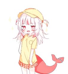 Rule 34 | blouse, blunt bangs, breast pocket, fins, fish tail, flat chest, gawr gura, hololive, hololive english, holomyth, pocket, shirt, simple background, solo, tagme, tail, virtual youtuber, white background, yellow shirt