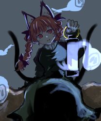 Rule 34 | 1girl, :3, :d, animal ears, black dress, braid, cat ears, cat girl, dress, extra ears, grey background, highres, hitodama, kaenbyou rin, lantern, long hair, looking at viewer, nekomata, open mouth, red eyes, red hair, side braid, side braids, simple background, sitting, slit pupils, smile, solo, third-party source, touhou, twin braids