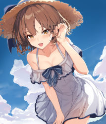 Rule 34 | 1girl, anchor symbol, blush, breasts, brown eyes, brown hair, cloud, cloudy sky, collarbone, cowboy shot, day, dress, hat, highres, kantai collection, open mouth, oweee, revision, short hair, sky, sleeveless, sleeveless dress, small breasts, smile, solo, sun hat, white dress, yukikaze (kancolle)