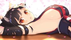 Rule 34 | 1girl, animal ears, armpits, azur lane, black hair, blush, breasts, cherry blossoms, fang, fox mask, from side, habu., highres, japanese clothes, large breasts, long hair, looking at viewer, lying, mask, mask on head, no bra, on back, on floor, open mouth, red eyes, sideboob, solo, upper body, white background, wooden floor, yamashiro (azur lane)